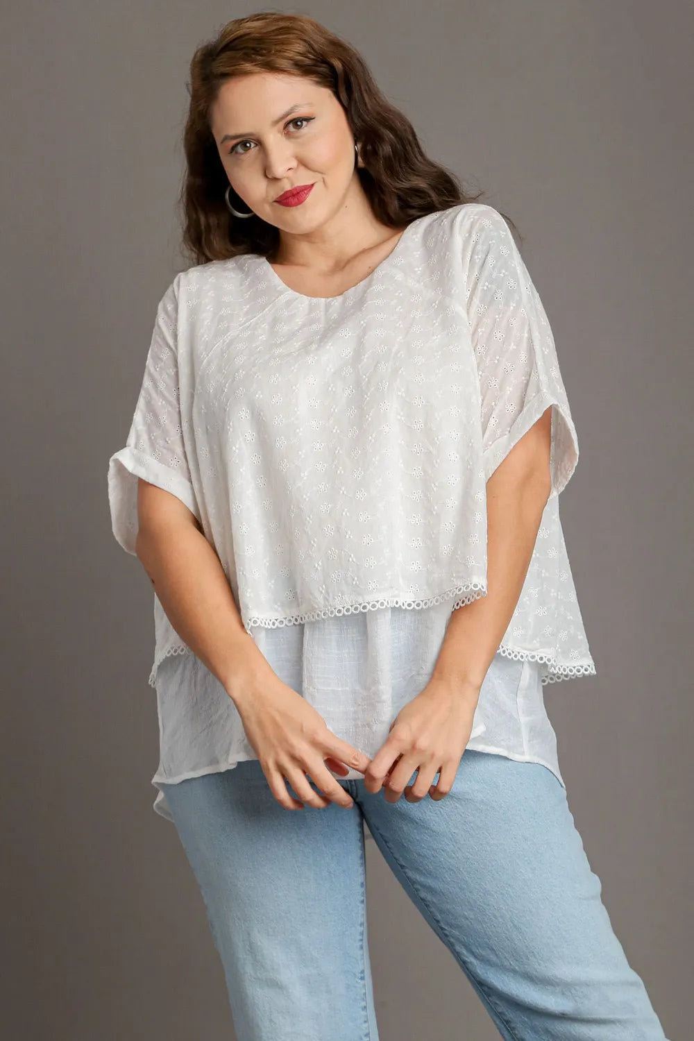Image of Umgee Full Size Eyelet Layered Short Sleeve Blouse Plus Size | Queeble.shop