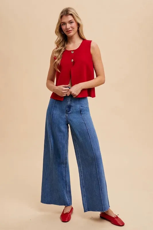 Image of Annie Wear Metal Button Detail Crop Sweater Vest | Queeble.shop