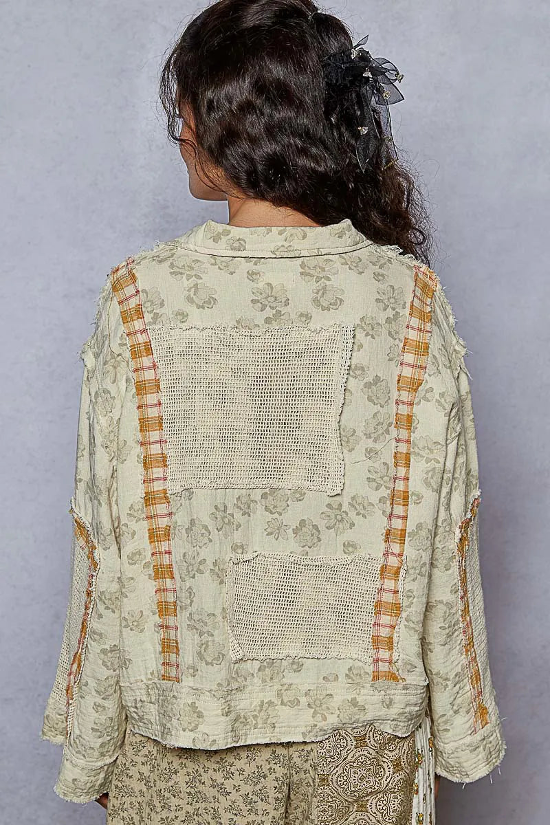 Image of POL Raw Hem Zip Up Floral Jacket with Plaid and Crochet Patch | Queeble.shop
