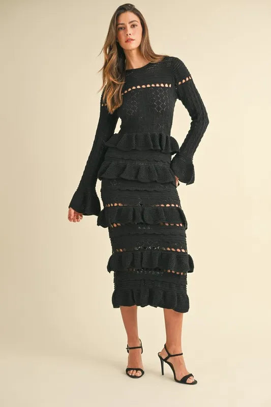 Image of MABLE Long Sleeve Tiered Ruffle Knit Midi Dress | Queeble.shop