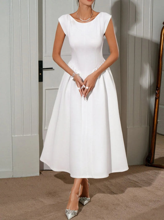 Image of Round Neck Cap Sleeve Midi Dress | Queeble.shop