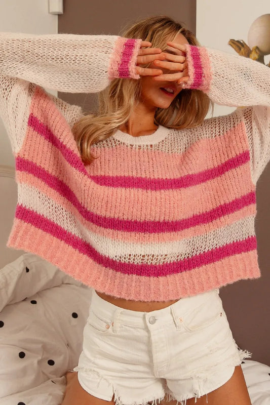 Image of BiBi Hollow Out Yoke Detail Striped Sweater | Queeble.shop