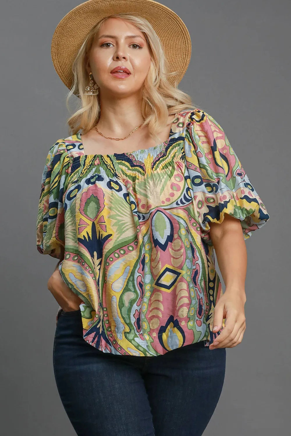 Image of Umgee Full Size Abstract Print Smocked Square Neck Puff Sleeve Blouse | Queeble.shop