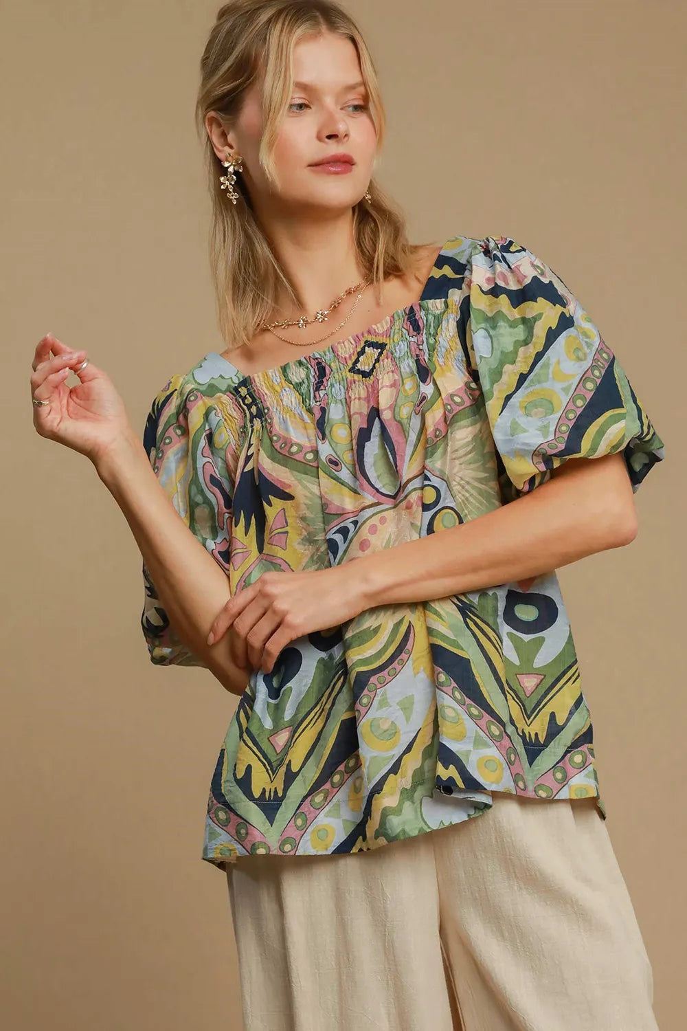 Image of Umgee Full Size Abstract Print Smocked Square Neck Puff Sleeve Blouse | Queeble.shop