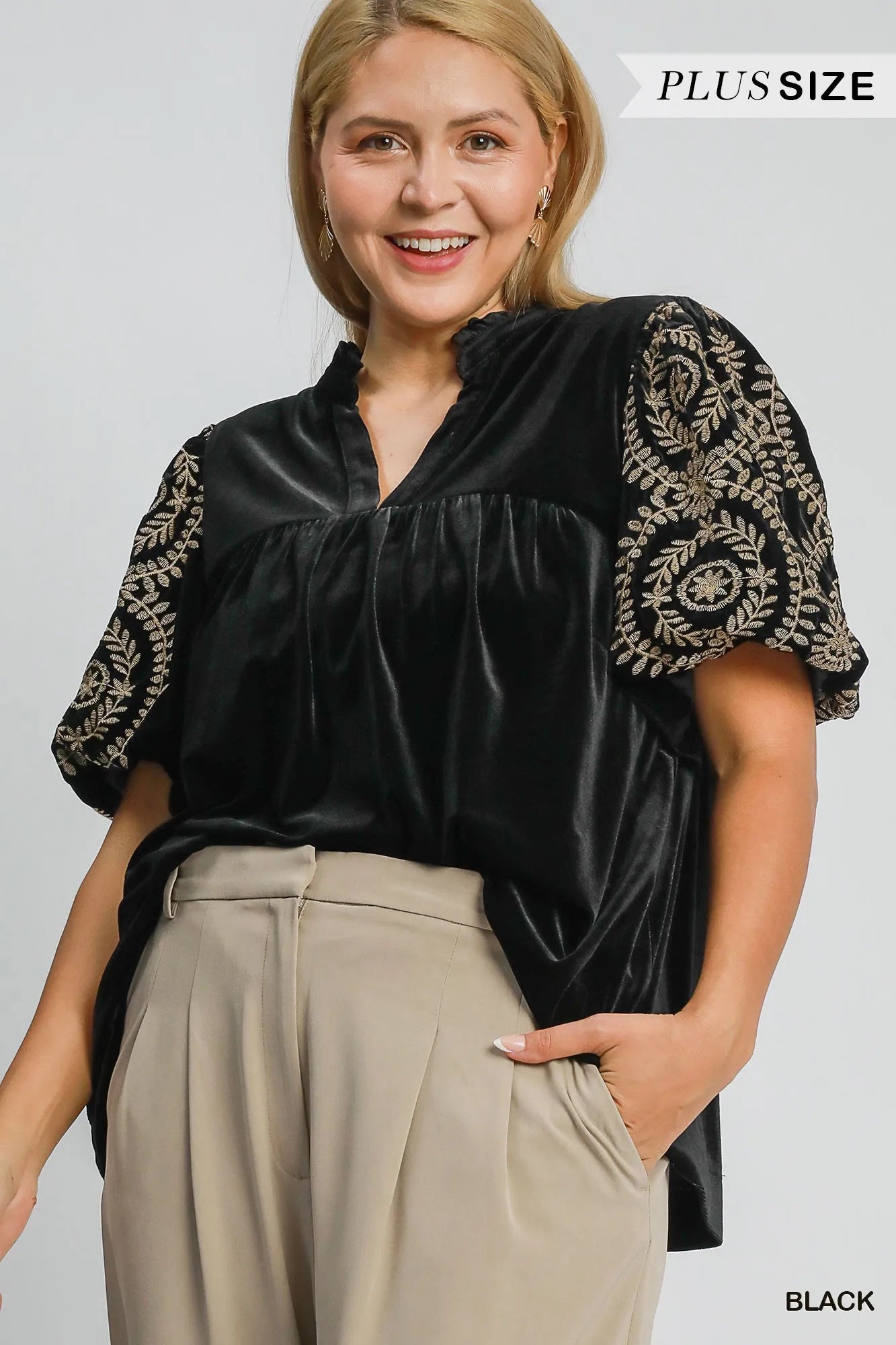 Image of Umgee Full Size Velvet Embroidered Sleeve Blouse Plus Size | Queeble.shop