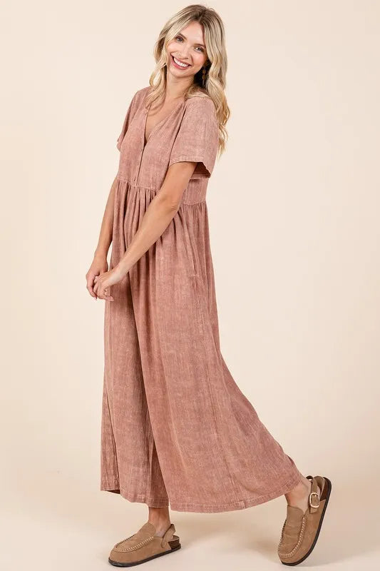 Image of Mittoshop Mineral Wash Short Sleeve Flowy Wide Leg Jumpsuit | Queeble.shop