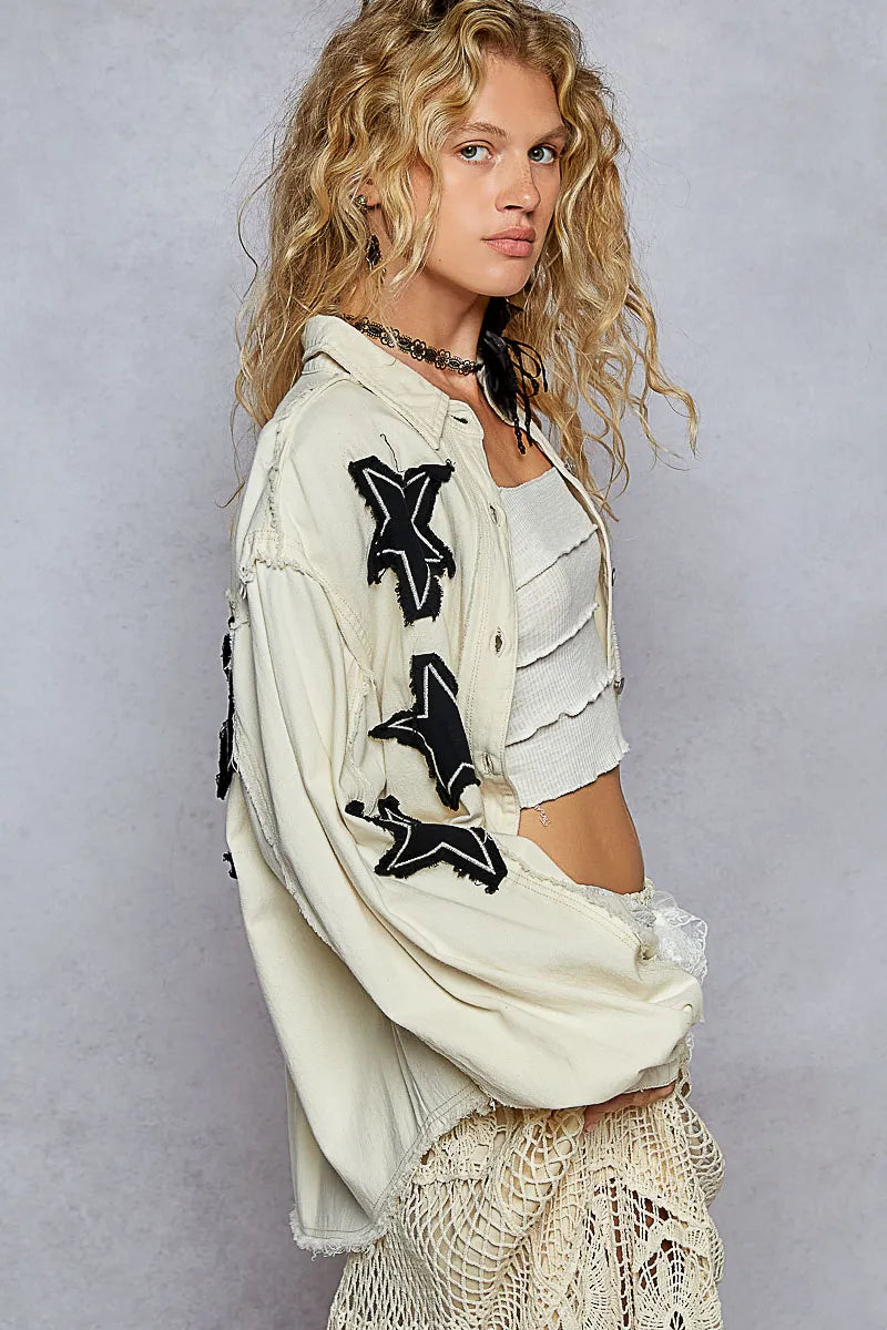 Image of POL Star Patch Raw Hem Button Up Denim Jacket | Queeble.shop