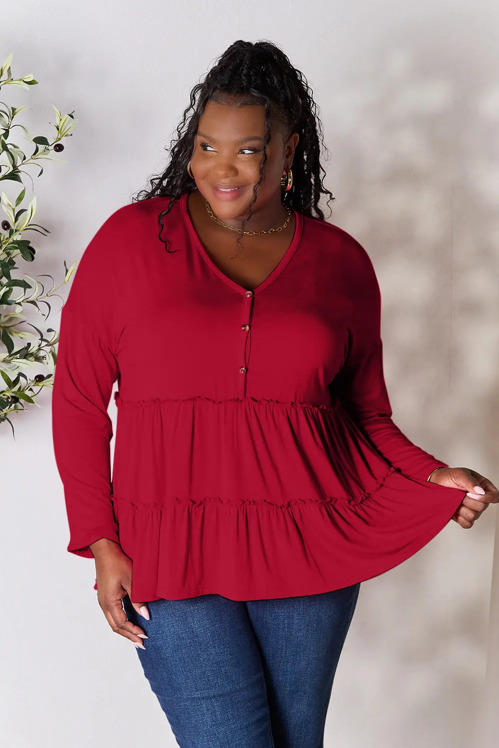 Image of Double Take Half Button Long Sleeve Ruffle Hem Blouse | Queeble.shop