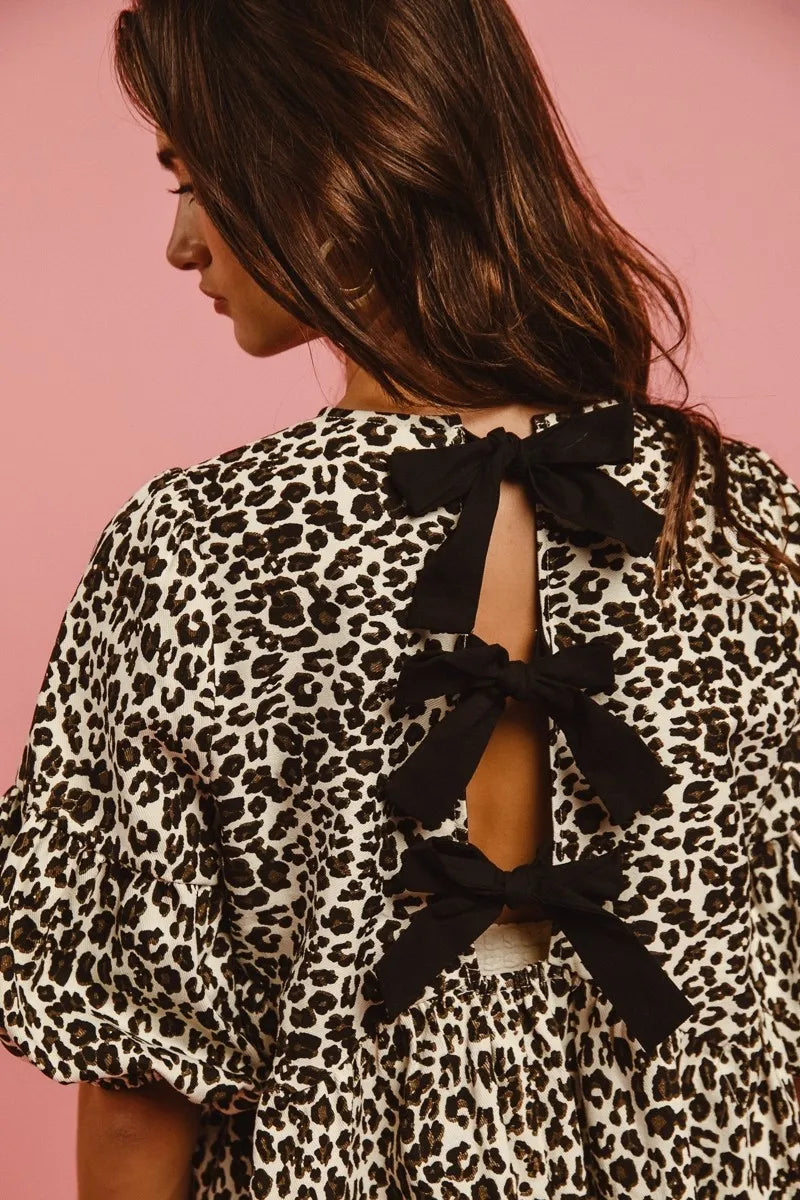 Image of BiBi Leopard Denim Dress With Back Contrast Tie Detail | Queeble.shop