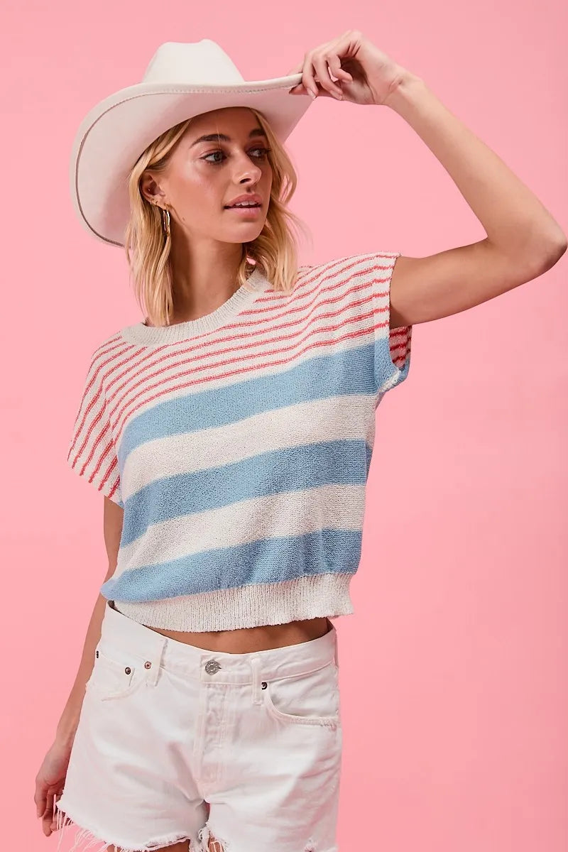 Image of BiBi Stripes Lightweight Short Sleeve Sweater | Queeble.shop