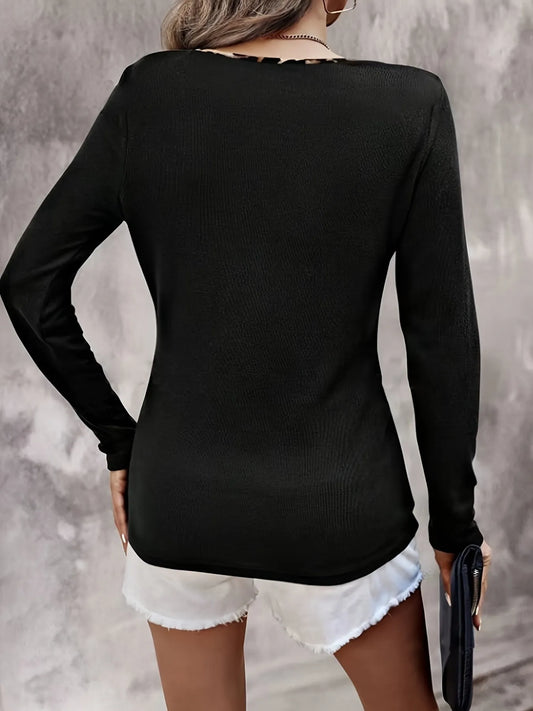 Image of Leopard Trim Long Sleeve T-Shirt | Queeble.shop