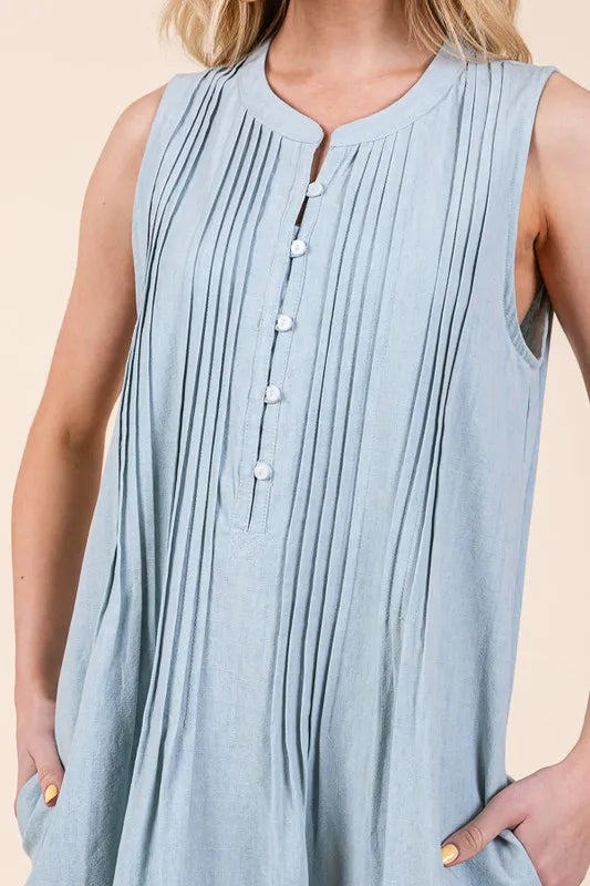 Image of Lime 'N' Chili Denim Pintuck Detail Sleeveless Midi Dress | Queeble.shop