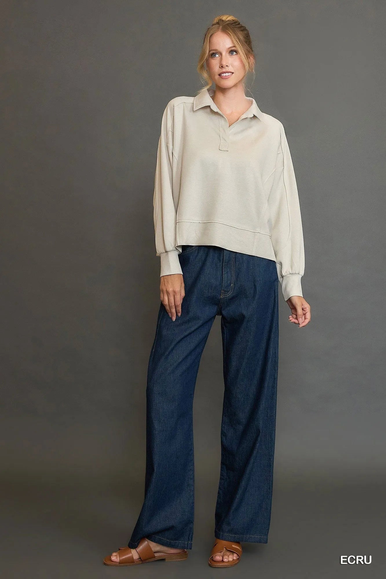 Image of Umgee Collared Neck Long Sleeve Top with Raw Hem Detail | Queeble.shop