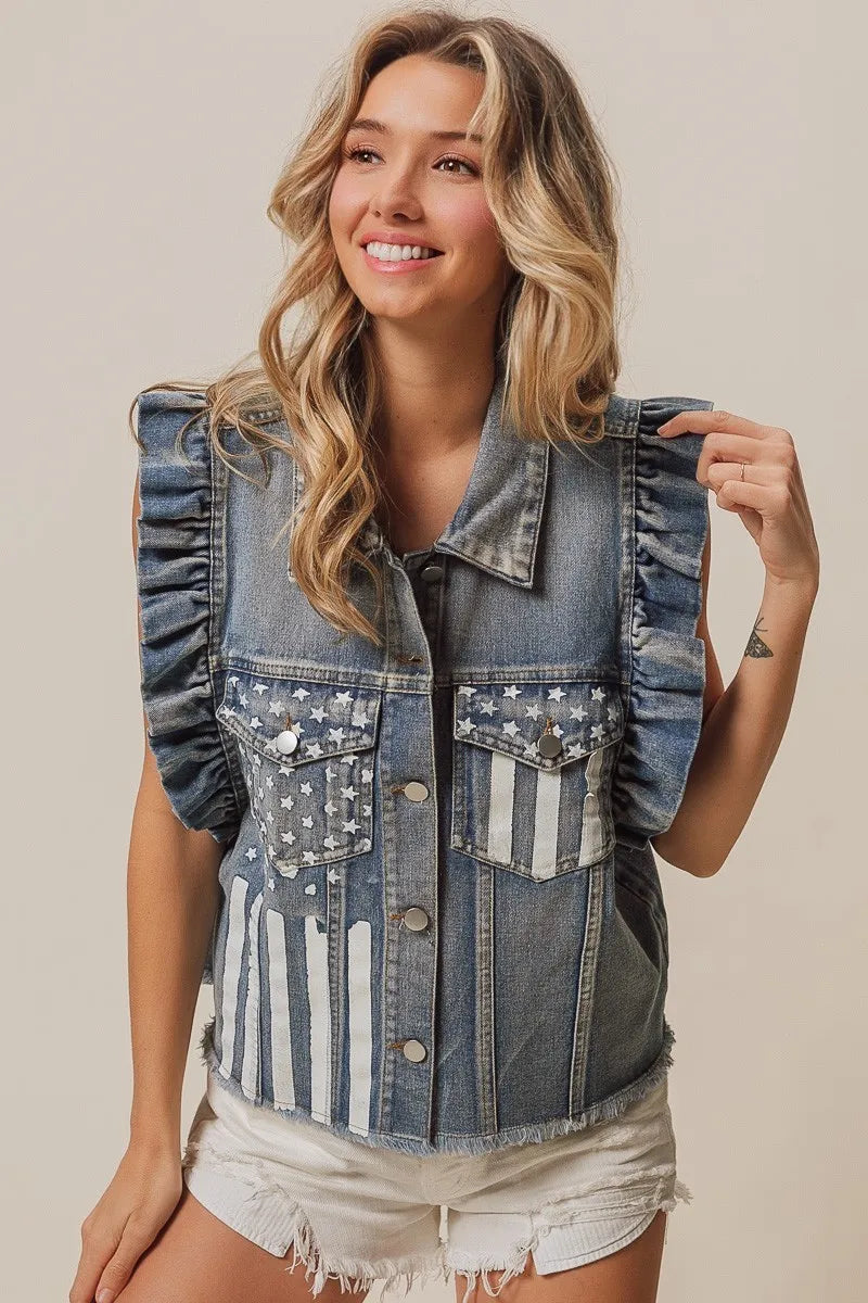 Image of BiBi American Flag Washed Denim Jacket | Queeble.shop