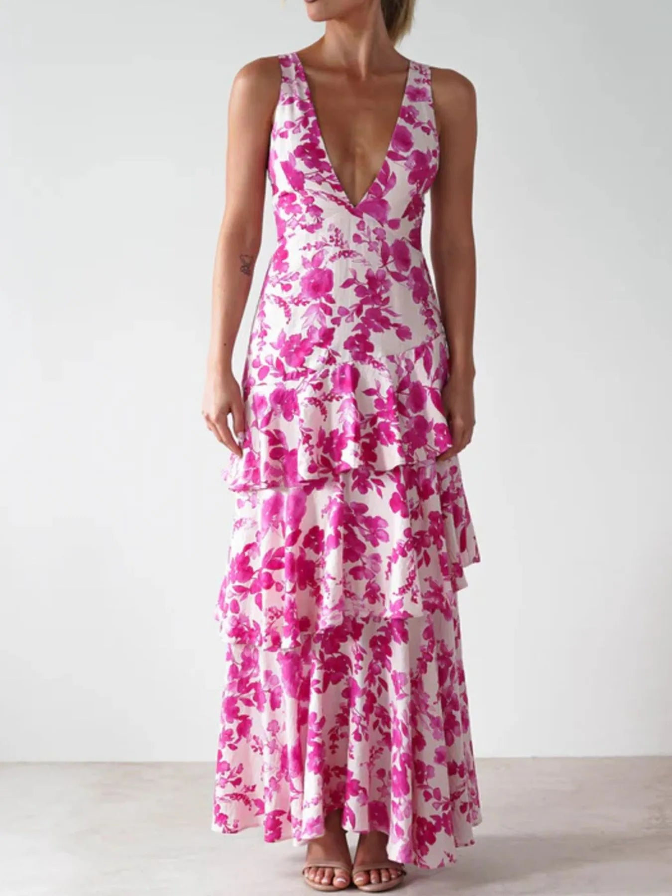 Image of Ruffled Layered Floral Deep V-Neck Dress | Queeble.shop