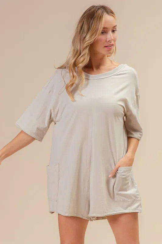 Image of BiBi Short Sleeve Back Open Washed Romper | Queeble.shop