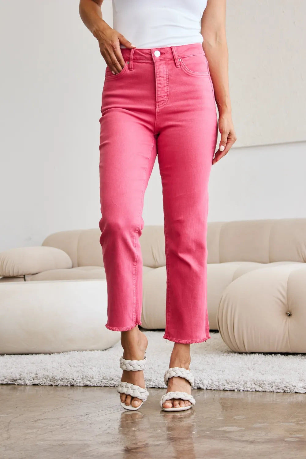 Image of RFM Crop Dylan Full Size Tummy Control High Waist Raw Hem Jeans | Queeble.shop