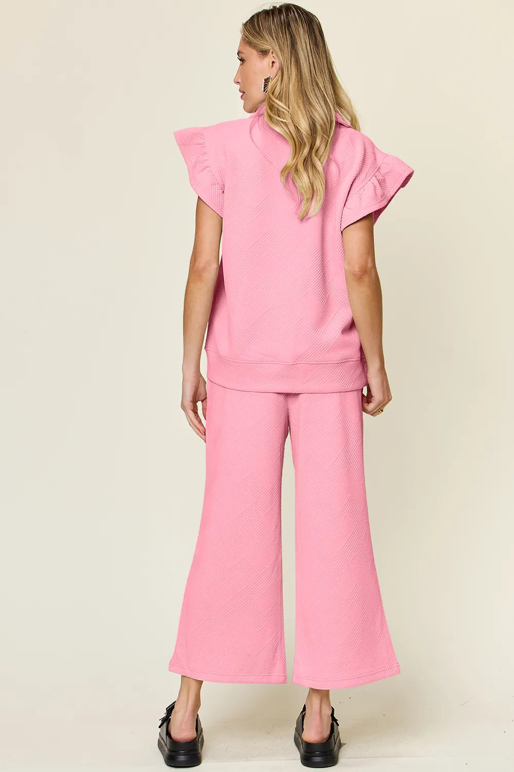 Image of Double Take Texture Ruffle Short Sleeve Top and Drawstring Wide Leg Pants Set | Queeble.shop