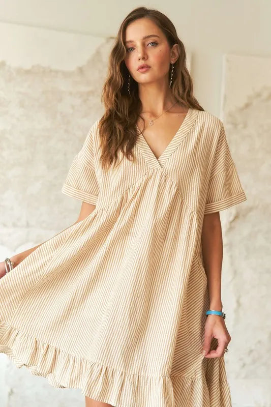 Image of ADORA Ruffled Hem Striped V-Neck Babydoll Dress | Queeble.shop