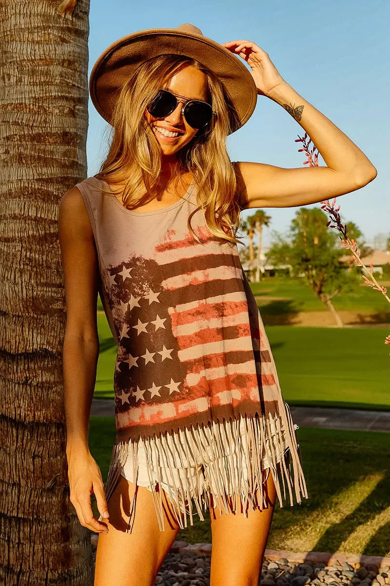 Image of BiBi American Flag Print Knit Sleeveless Top | Queeble.shop