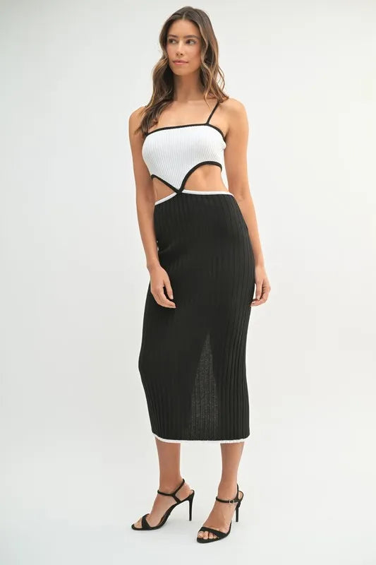 Image of MABLE Ribbed Knit Color Block Cutout Midi Dress | Queeble.shop