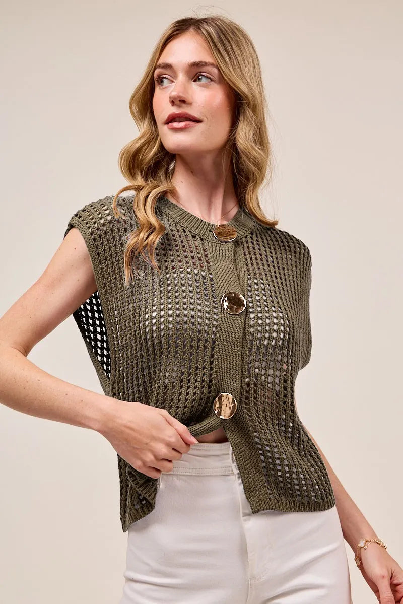 Image of SO ME Big Metal Button Front Openwork Sweater Vest | Queeble.shop