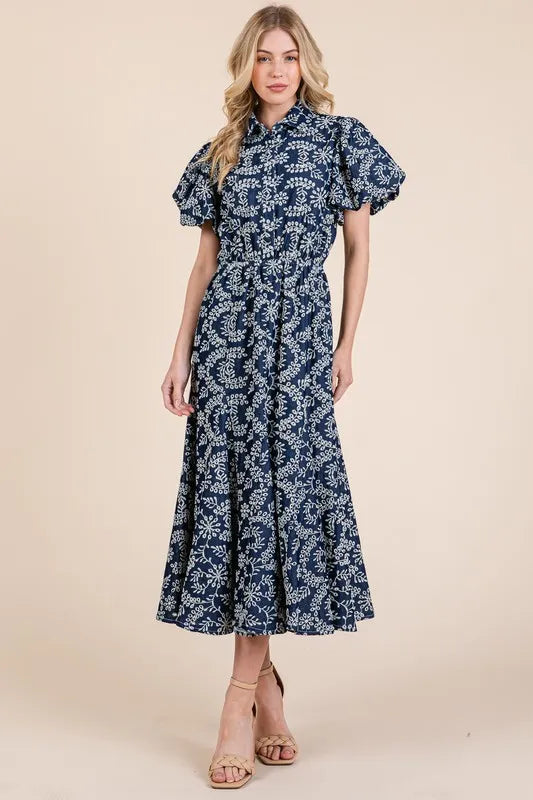 Image of GeeGee Natural Leaf Pattern Eyelet Lace Puff Sleeve Dress | Queeble.shop