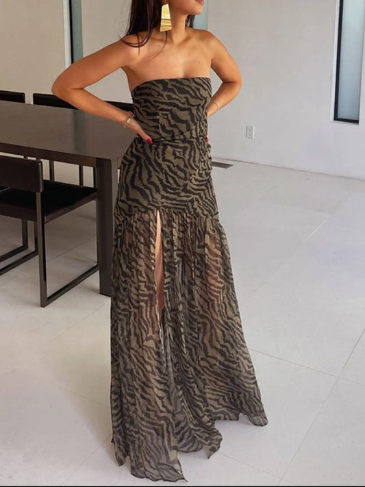 Image of Zebra Print Maxi Dress with Side Slit | Queeble.shop