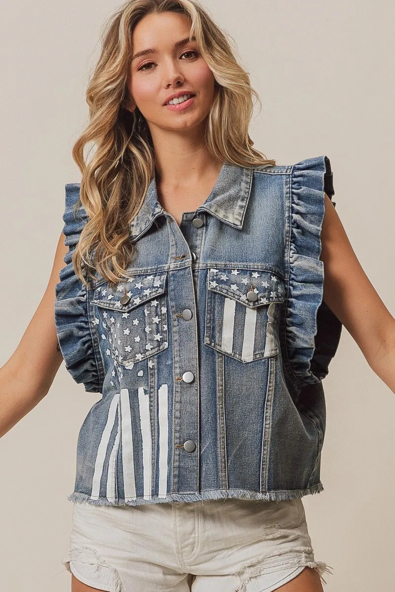 Image of BiBi American Flag Washed Denim Jacket | Queeble.shop