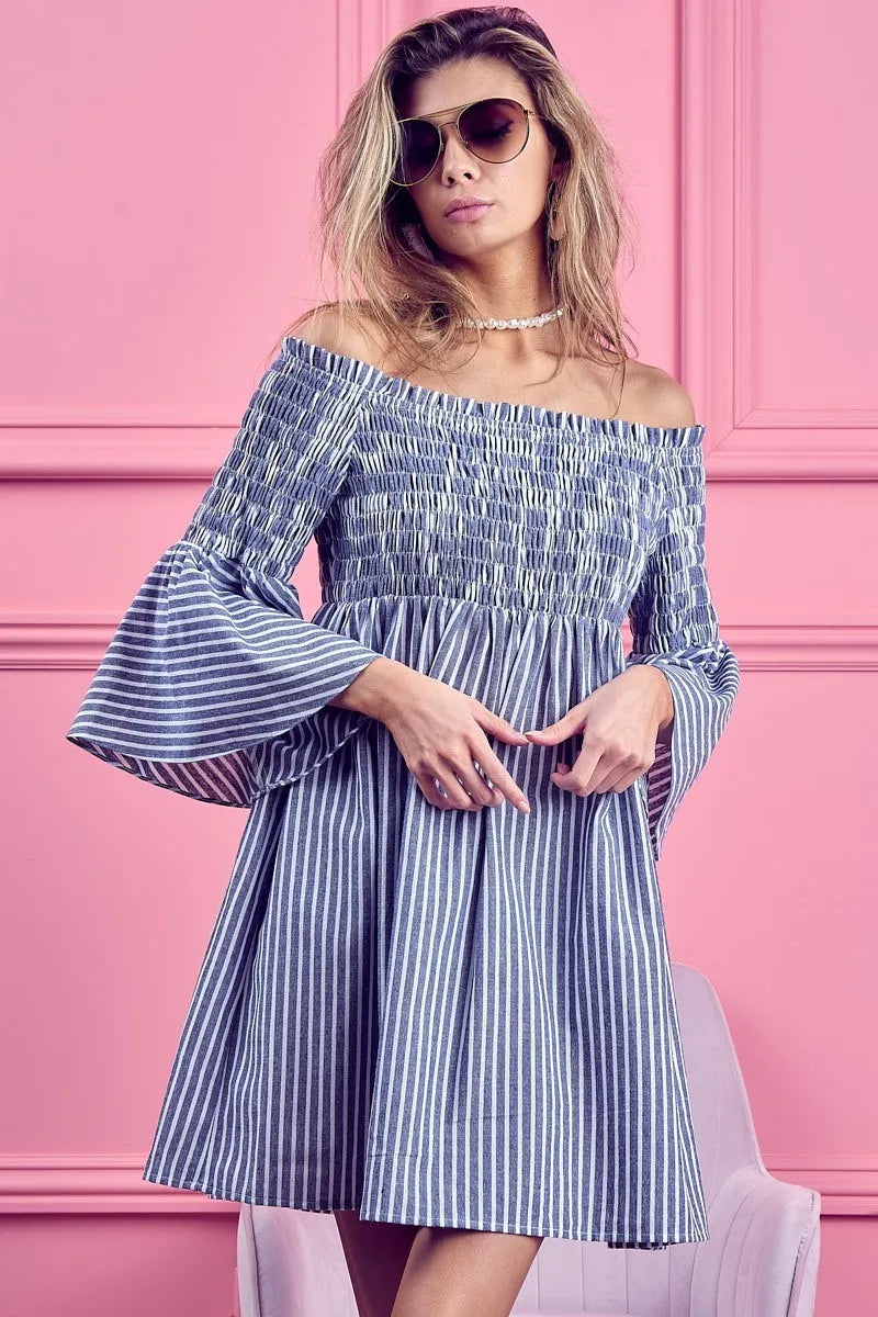 Image of BiBi Smocked Off Shoulder Striped Dress | Queeble.shop