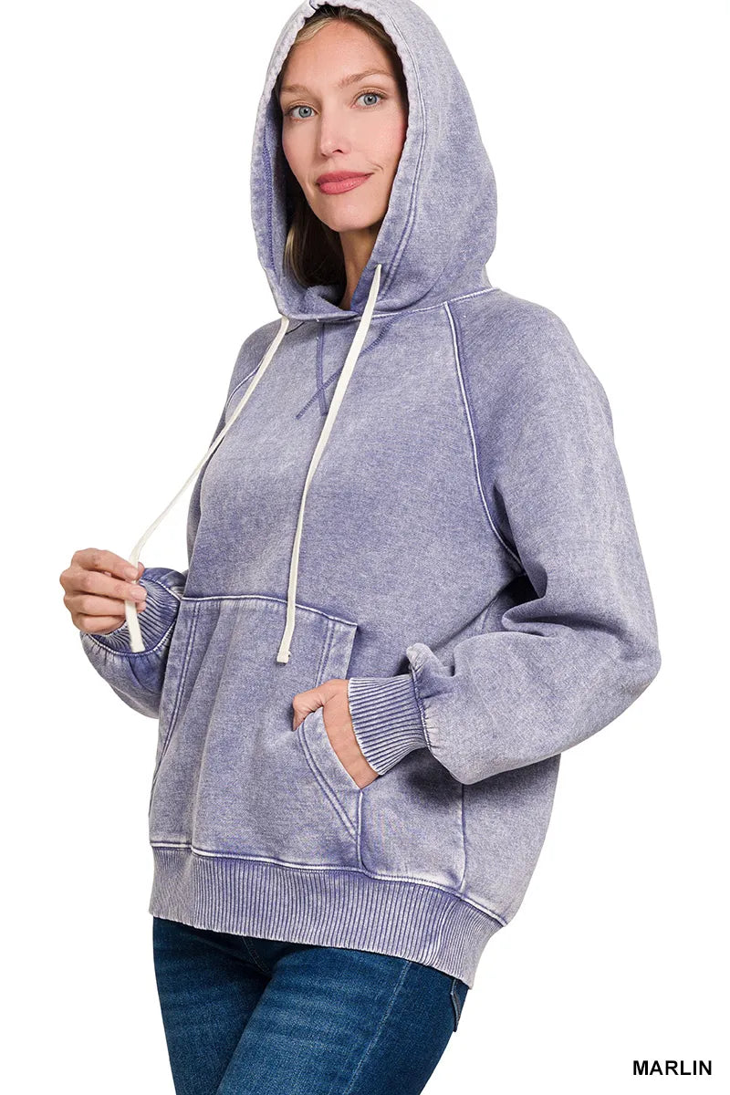 Image of Zenana Acid Wash Fleece Hoodie with Kangaroo Pocket | Queeble.shop