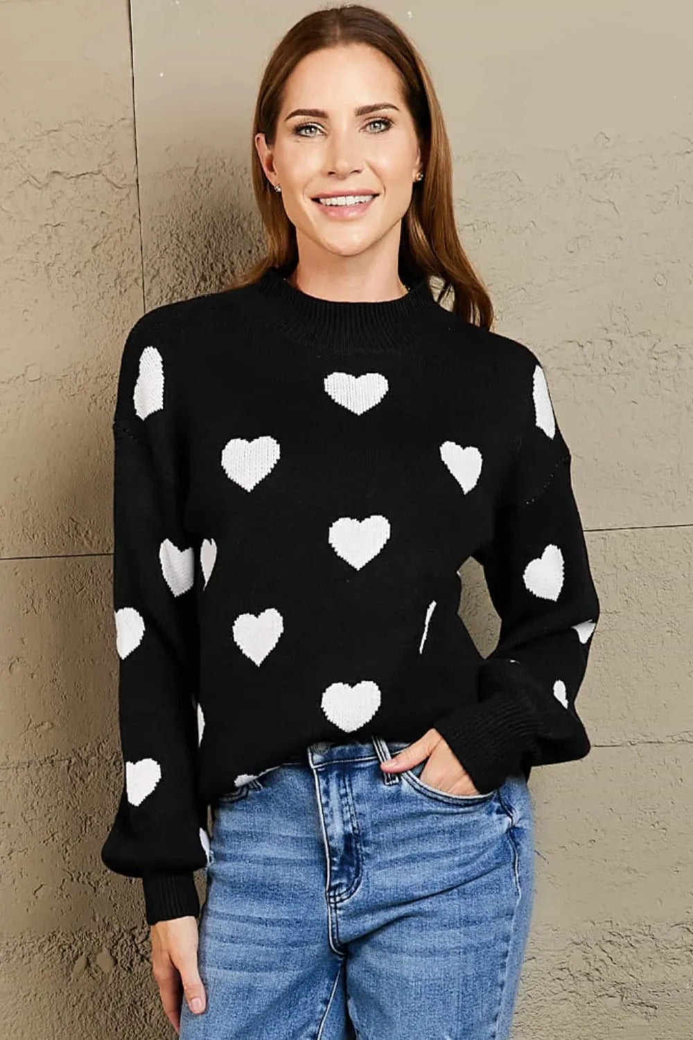 Image of Woven Right Heart Pattern Lantern Sleeve Round Neck Tunic Sweater | Queeble.shop
