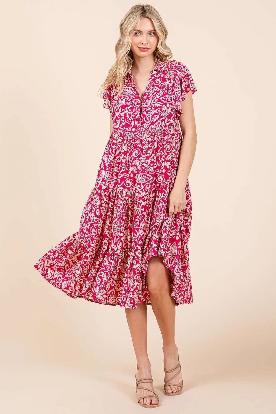 Image of Mittoshop Abstract Print Ruffle Tier Midi Dress | Queeble.shop