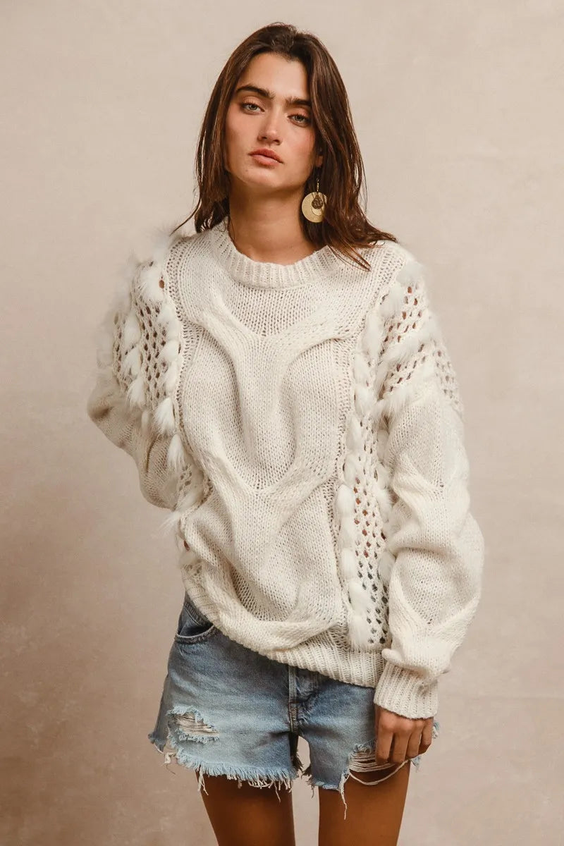 Image of BiBi Faux Fur Detailed Pointelle Cable Knit Sweater | Queeble.shop