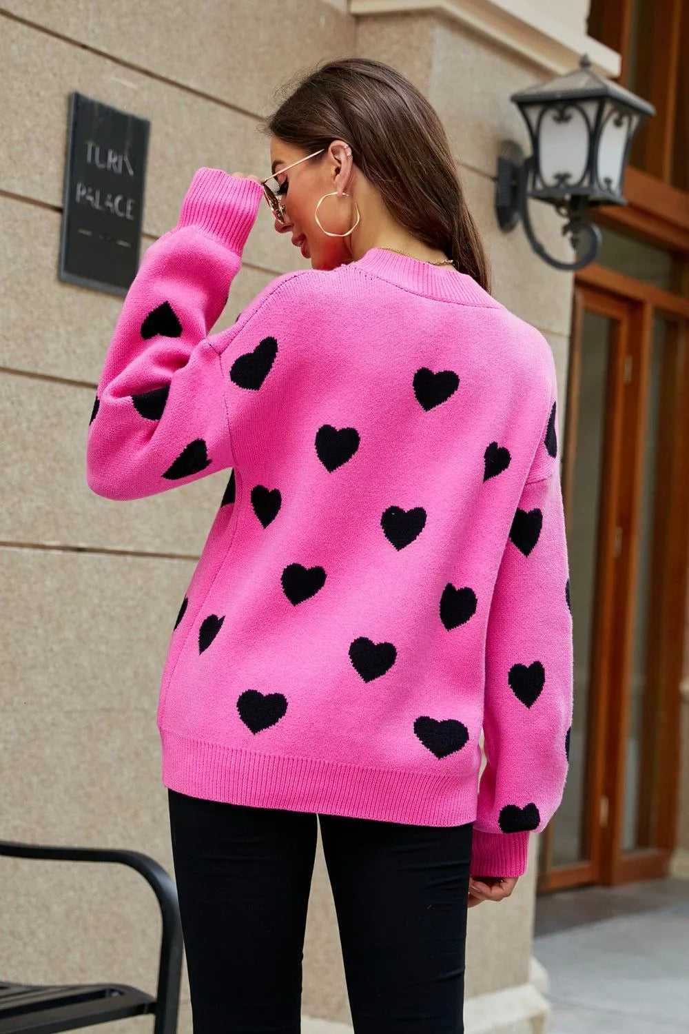 Image of Woven Right Heart Pattern Lantern Sleeve Round Neck Tunic Sweater | Queeble.shop