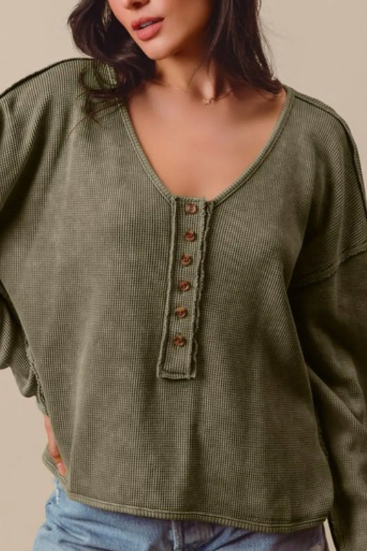 Image of SO ME Frayed Cut Mineral Washed Deep V Neck Waffle Top | Queeble.shop