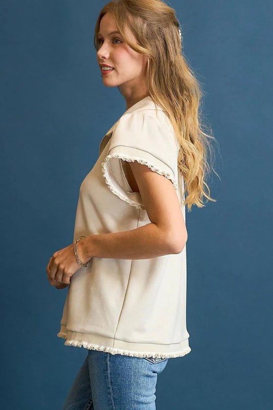 Image of Umgee Frill Hem Half-Zip Collared Blouse | Queeble.shop