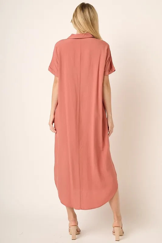 Image of Mittoshop Collared Neck Dolman Short Sleeve Midi Shirt Dress | Queeble.shop