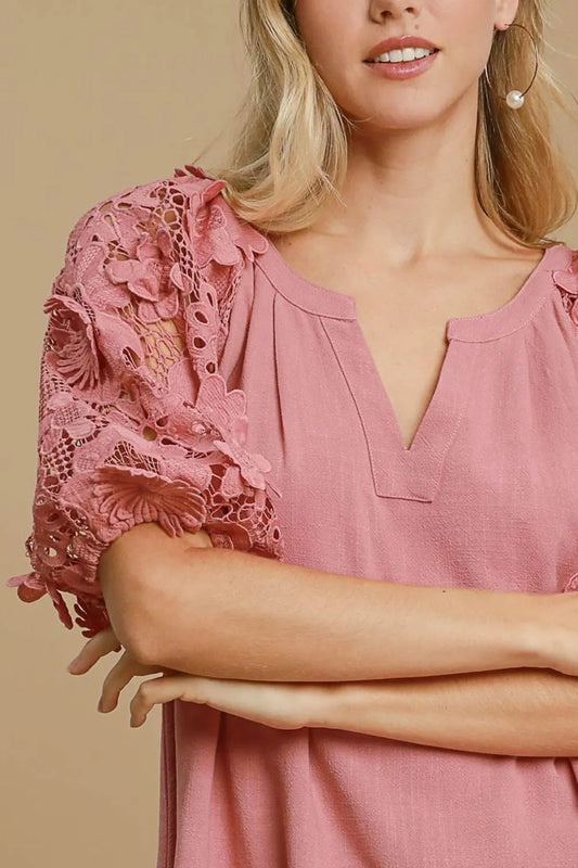 Image of Umgee Full Size French Terry Boxy Cut Top with 3D Floral Sleeve Plus Size | Queeble.shop