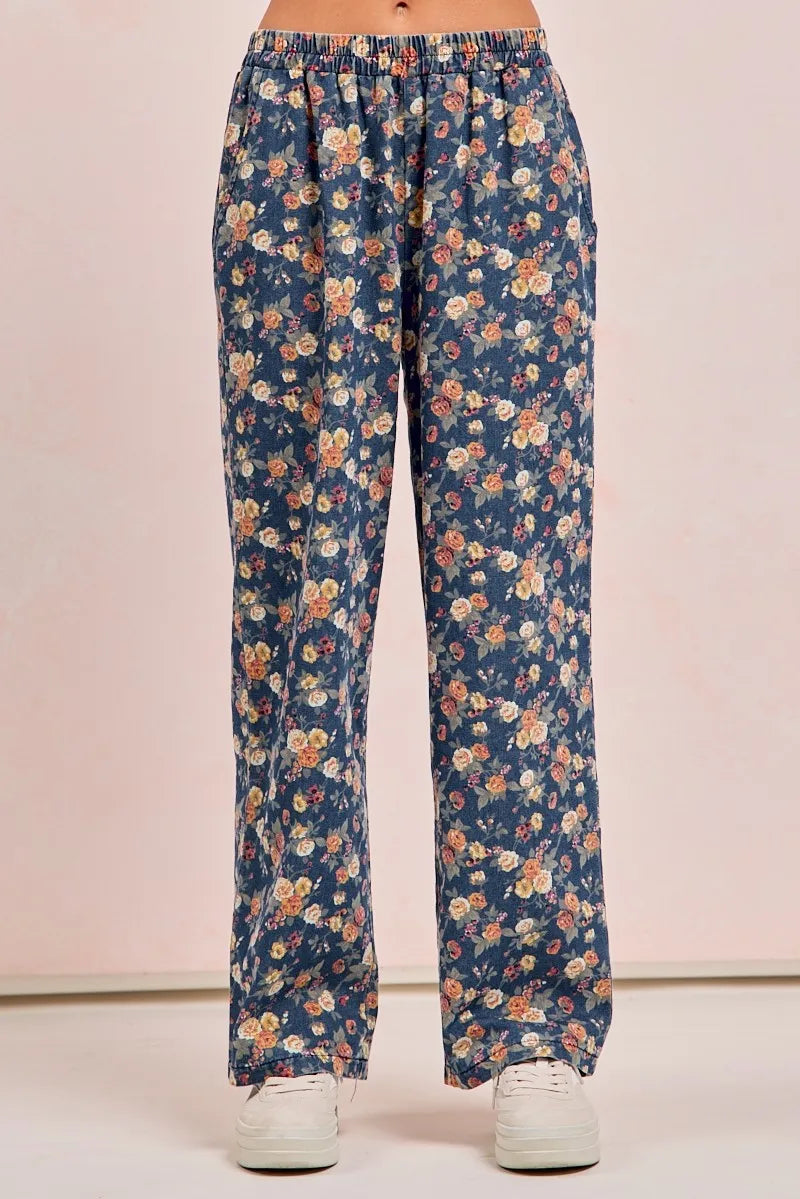 Image of BiBi Washed Floral Print Wide Leg Jeans | Queeble.shop