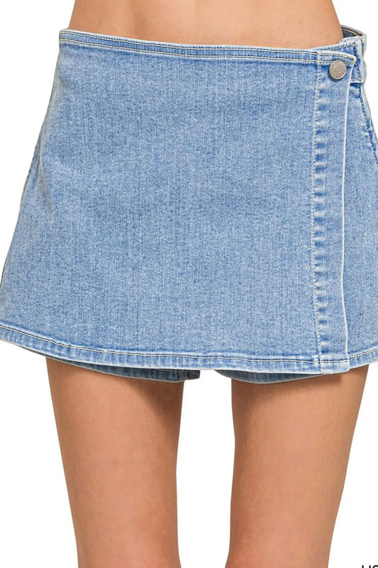 Image of Zenana Wrap Front Skort Denim Shorts | Queeble.shop