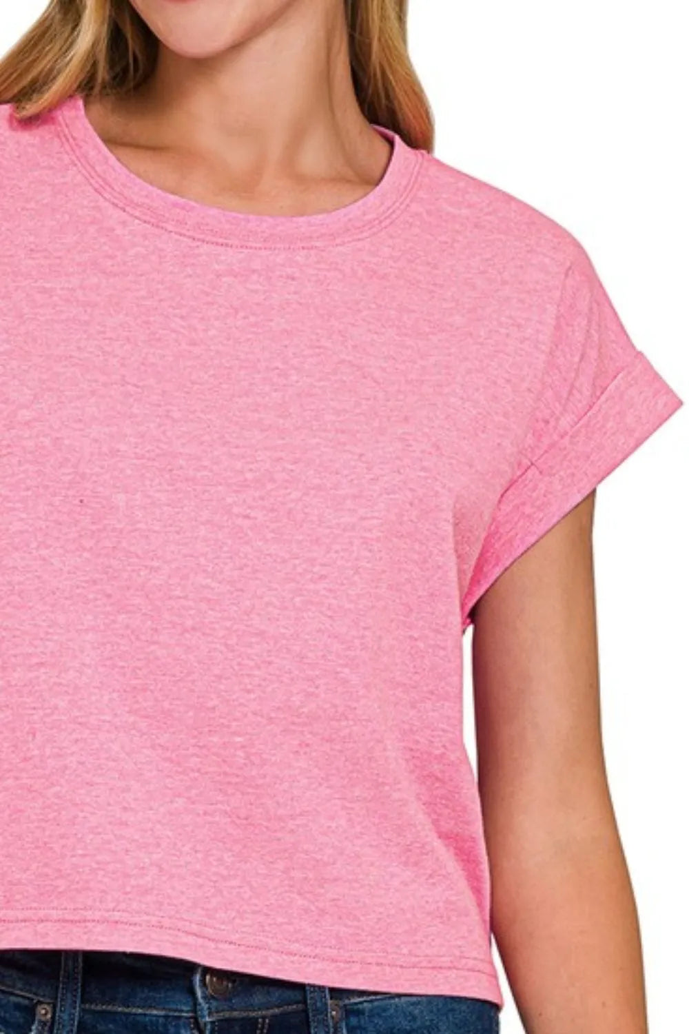 Image of Zenana Rolled Sleeve Crop T-Shirt | Queeble.shop