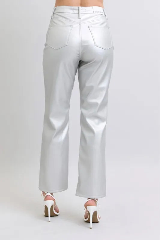 Image of Judy Blue Full Size High Waist Silver Faux Leather Pants Plus Size | Queeble.shop
