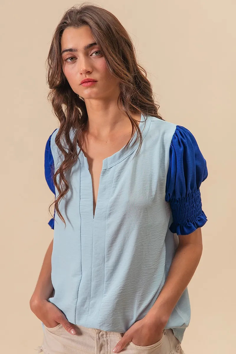 Image of BiBi Air Flow Color Block Puff Sleeves V Neck Top | Queeble.shop