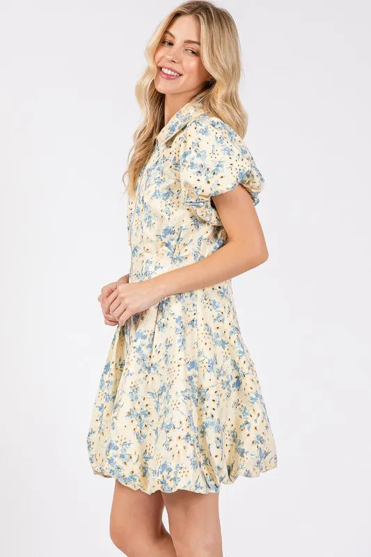 Image of GeeGee Floral Eyelet Zipper Front Puff Sleeve Mini Dress | Queeble.shop