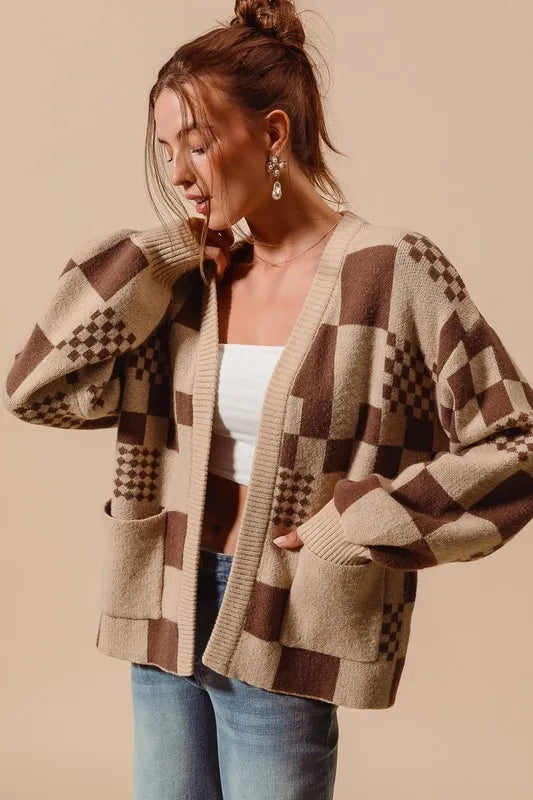 Image of SO ME Checkered Open Front Cardigan with Pockets | Queeble.shop