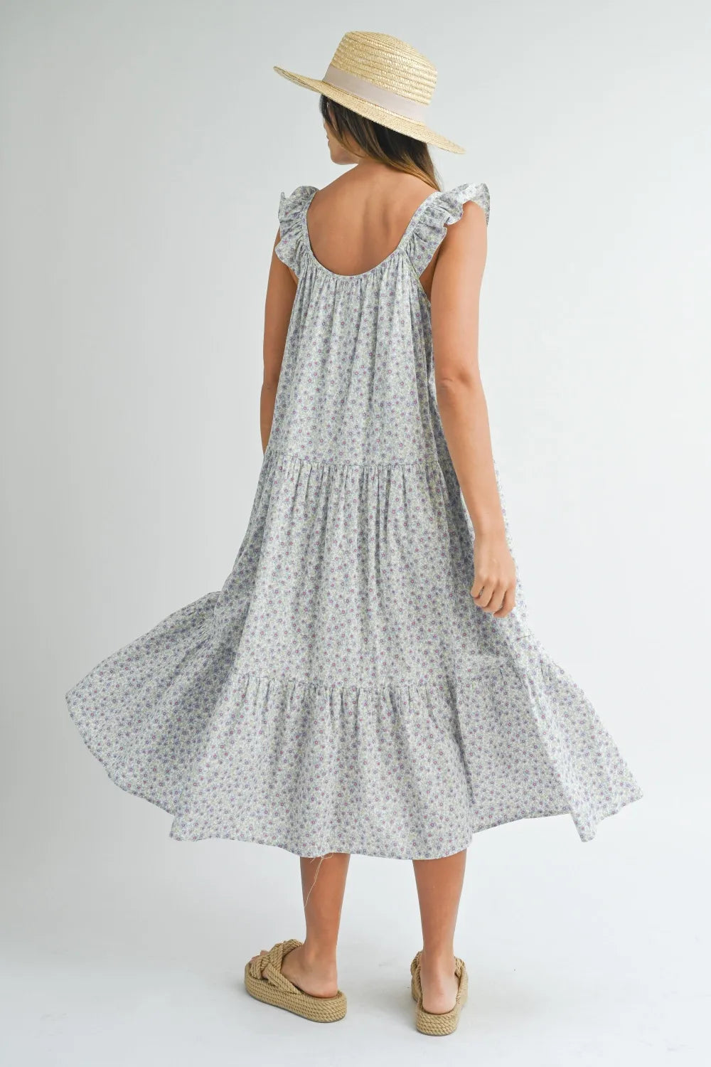 Image of MABLE Floral Ruffle Shoulder Tiered Midi Dress | Queeble.shop