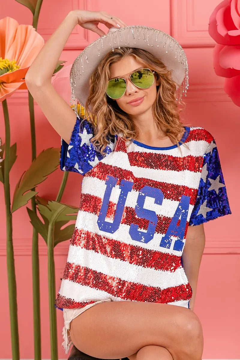 Image of BiBi American Flag Theme USA Lettering Sequin Top | Queeble.shop