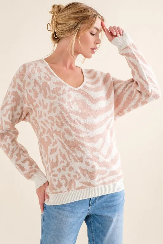Image of And The Why Leopard Zebra Combo Casual Sweater Top | Queeble.shop