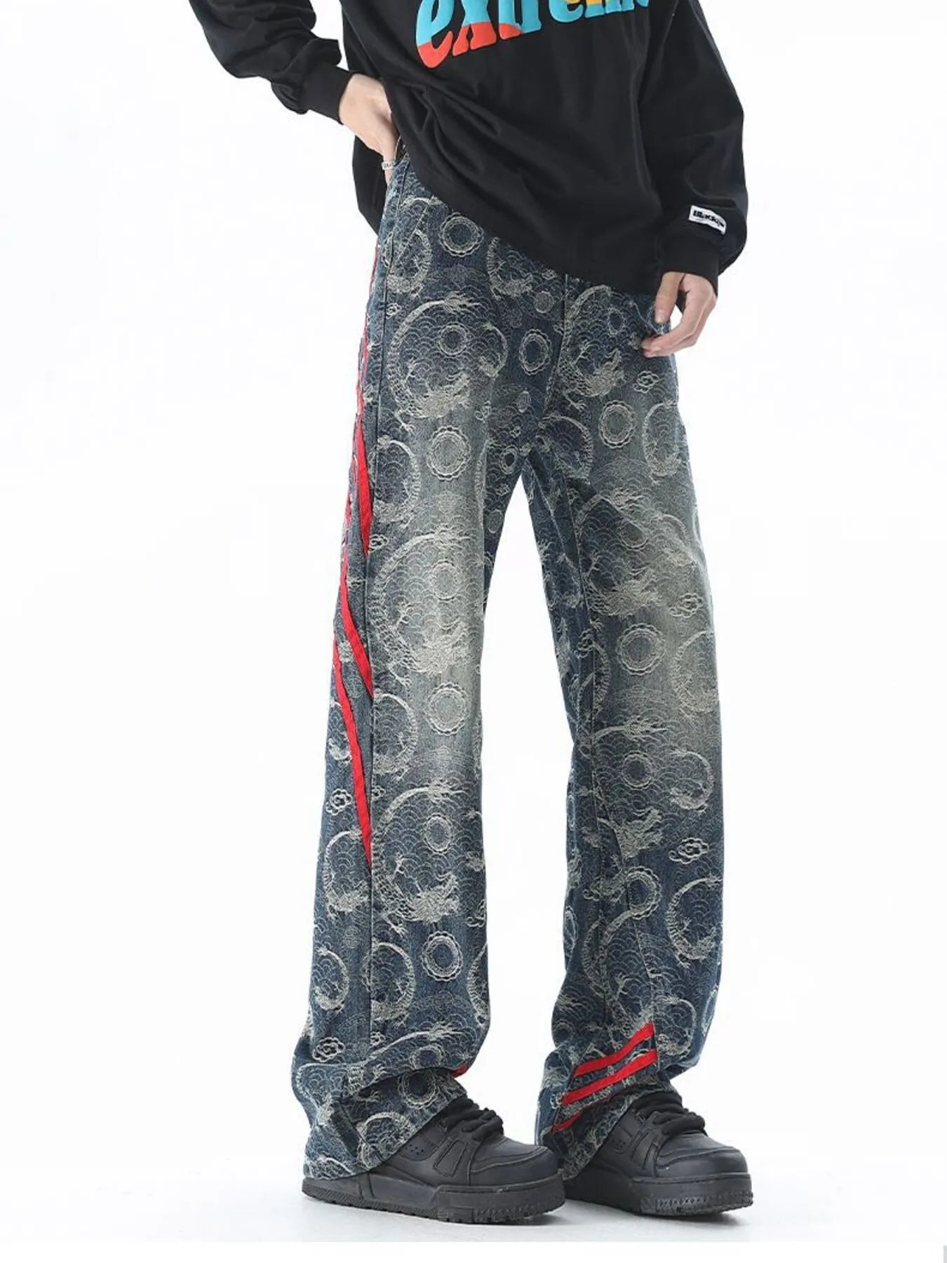 Image of Men's Plus Size Contrast Striped Wide Leg Jeans | Queeble.shop